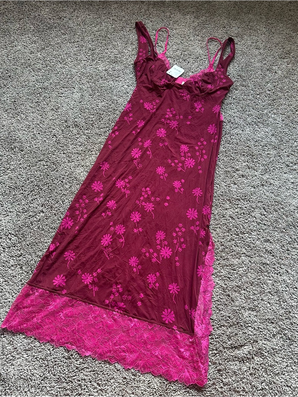 Free People Berry & Hot Pink Floral Midi Slip Dress